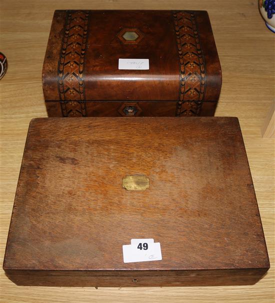 A Victorian walnut and parquetry writing slope & set fish knives and forks